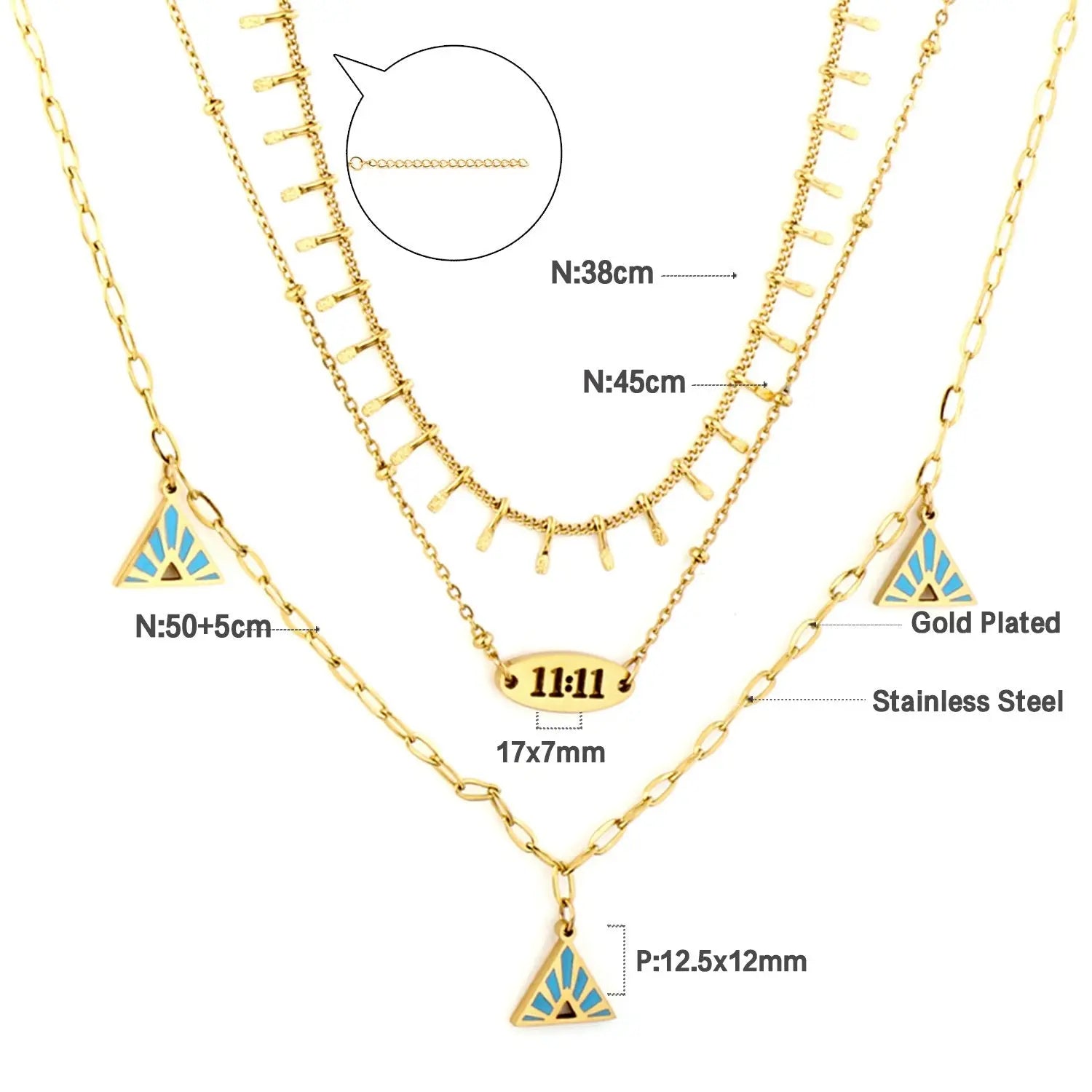 Blue Triangle Charms Collier Brand Design Three-Layered Necklaces Gold Plated Link Chain Choker Romantic Y2K Collar asonjewelry