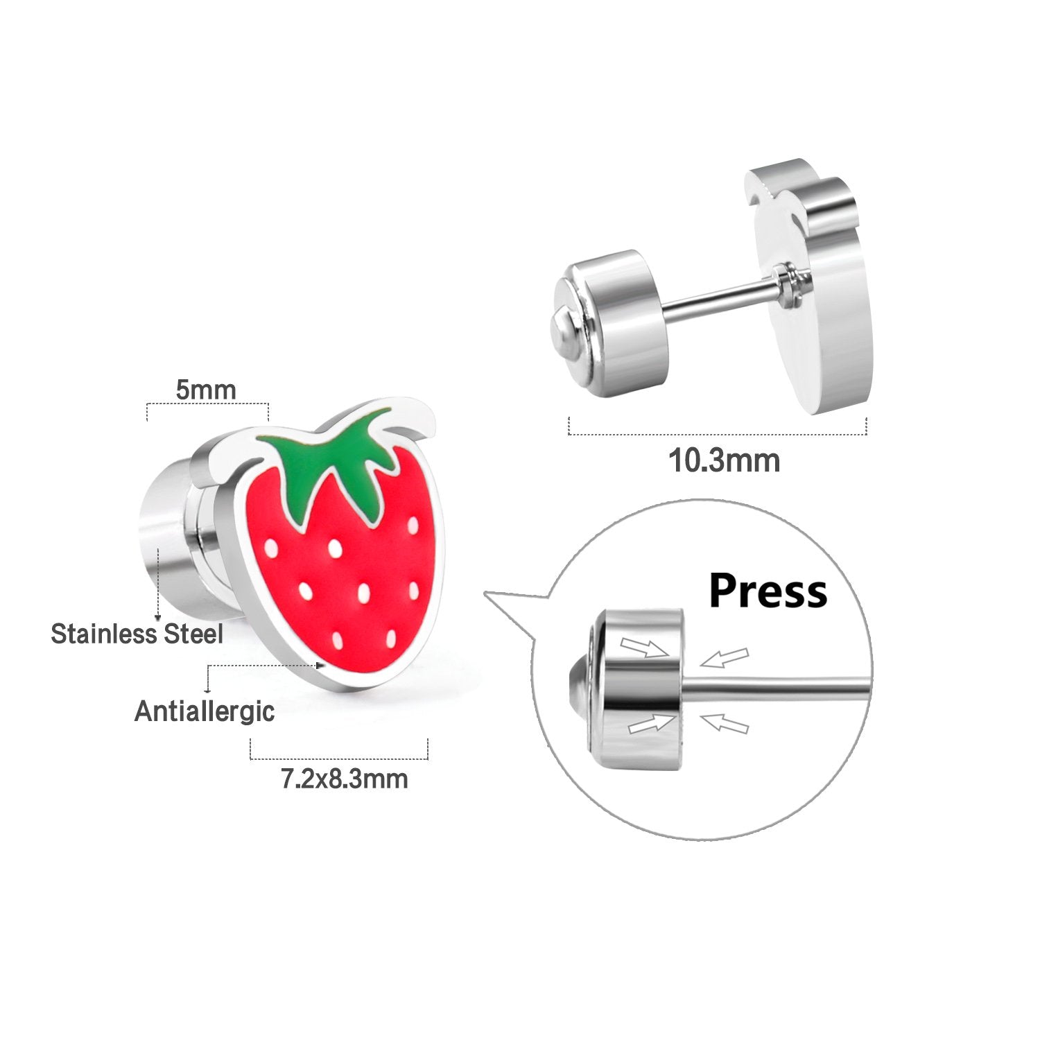 ASON Trendy Children's Pink Strawberry Piercing Stud Earring Silver Color Stainless Steel Ear Stud for Girl Jewelry Gift asonjewelry