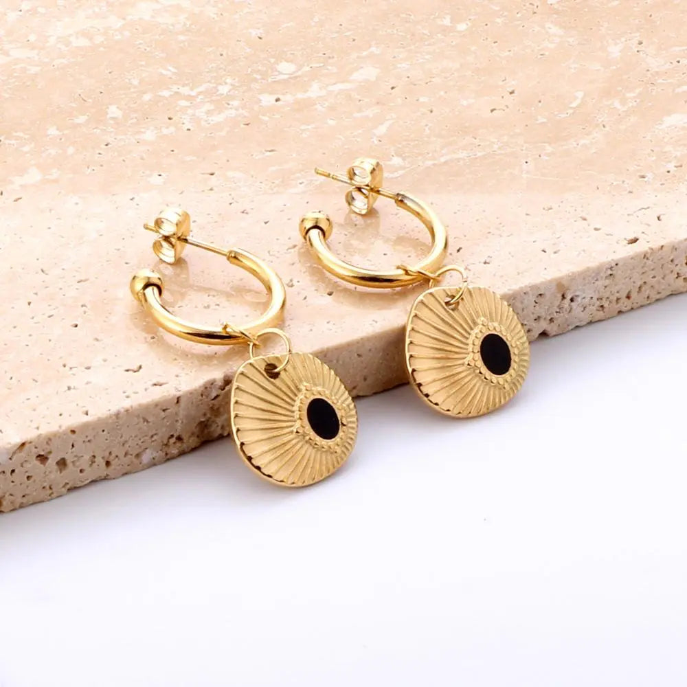 Women Chic Stainless Steel Dangle Earrings Gold Color Shell Black Drip Oil Pendant Drop Hoop Ear Clips Gifts asonjewelry