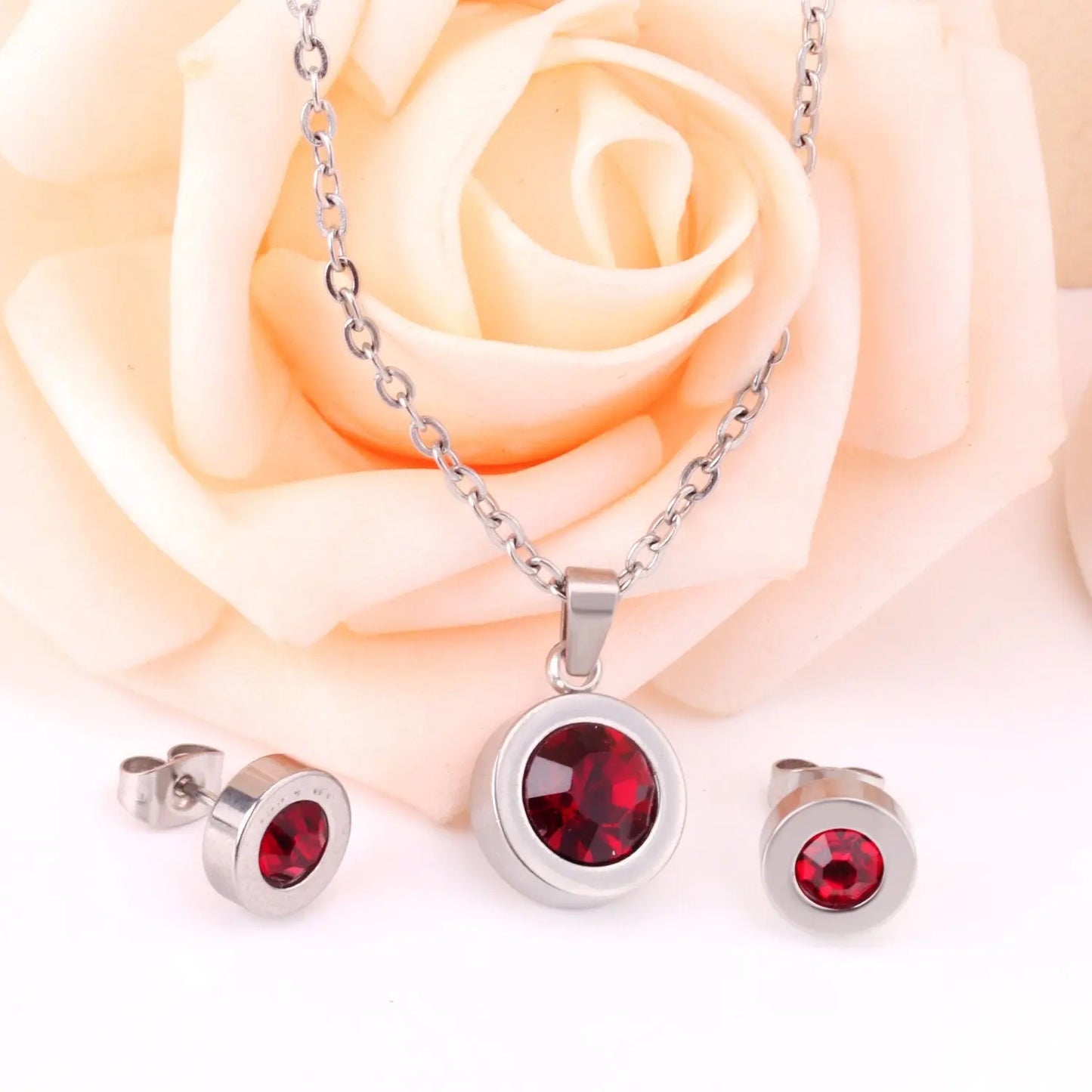 Stainless Steel Round Multi-color Pendant Necklace Earrings Sets For Women Indian Jewellry Accessories pendientes asonjewelry