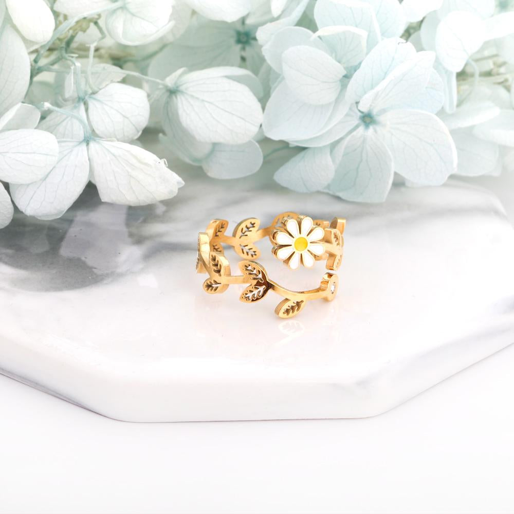 ASON Romantic Leaf Shape Carved Ring With White Flower Gold Color Stainless Steel For Women Jewelry Accessory Daily Wear asonjewelry