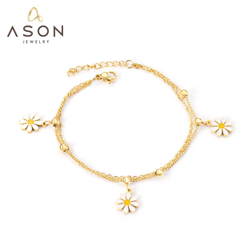 ASON Little Flower Pendant Bracelet Stainless Steel Double Chain Bangle with Steel Ball for Women Fashion Jewelry Gift