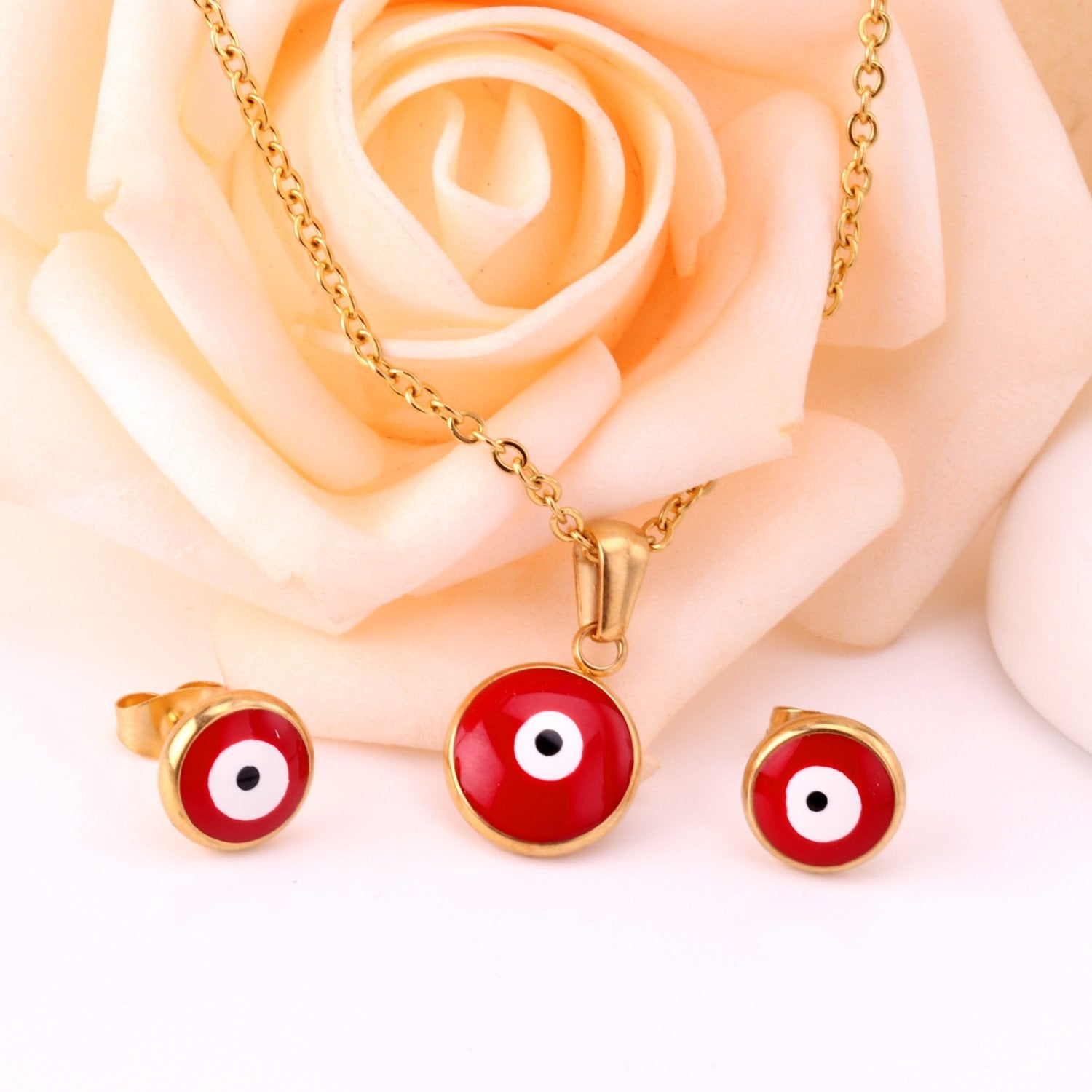 ASON Gold Jewelry Sets Women Accessories Stainless Steel Red Color Eye Pendant Necklace Earring Fashion Jewelry Party Gift asonjewelry