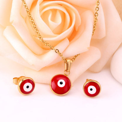 ASON Gold Jewelry Sets Women Accessories Stainless Steel Red Color Eye Pendant Necklace Earring Fashion Jewelry Party Gift asonjewelry
