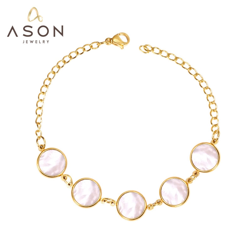 ASON-pulsera de moda con concha redonda, cadena de eslabones de acero inoxidable, accesorios de marca de lujo