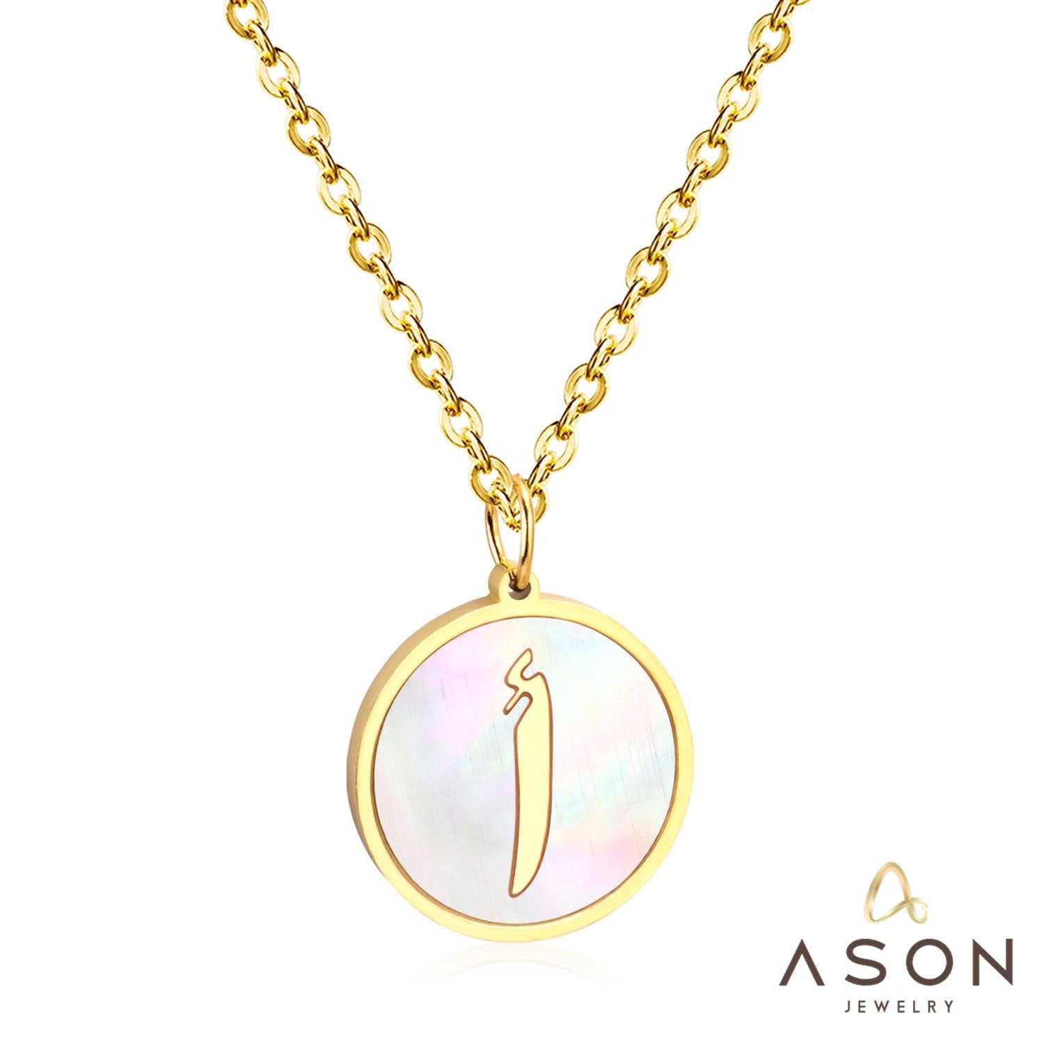 ASON White Shell Gold Color Initial Letter Fashion Pendant Necklace Stainless Steel Alphabet Link Chain for Gift asonjewelry