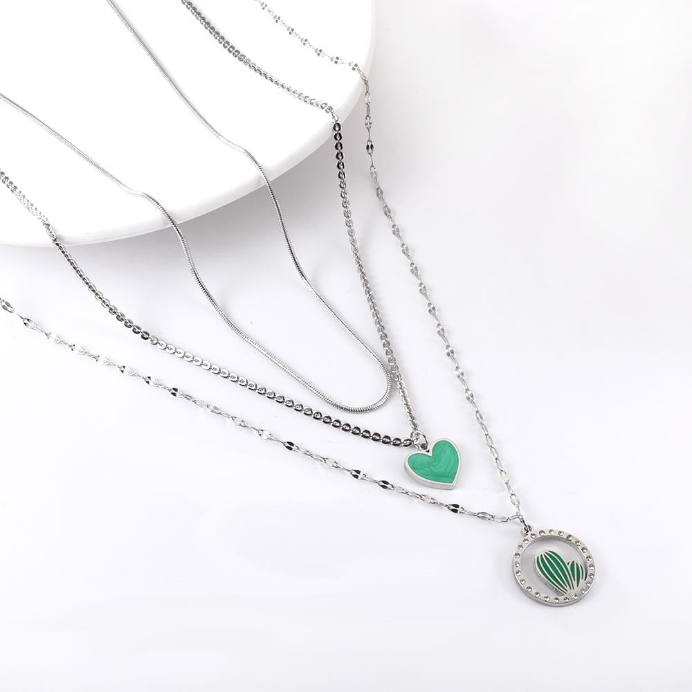 ASON Trendy Heart Cactus Accessories Multi-layer Chain Pendant Necklace Gold Color Stainless Steel For Women Jewelry Choker asonjewelry
