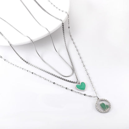 ASON Trendy Heart Cactus Accessories Multi-layer Chain Pendant Necklace Gold Color Stainless Steel For Women Jewelry Choker asonjewelry