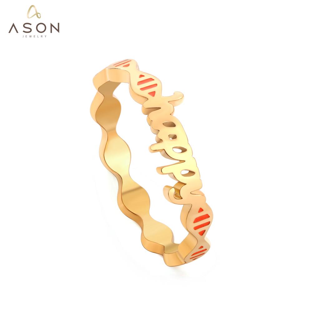 ASON Gold Color Trendy Stainless Steel HAPPY Letter Shape Ring For Women Party Gift Fashion Jewelry Accessory Daily Wear asonjewelry