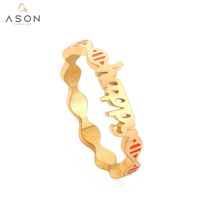 ASON Gold Color Trendy Stainless Steel HAPPY Letter Shape Ring For Women Party Gift Fashion Jewelry Accessory Daily Wear asonjewelry