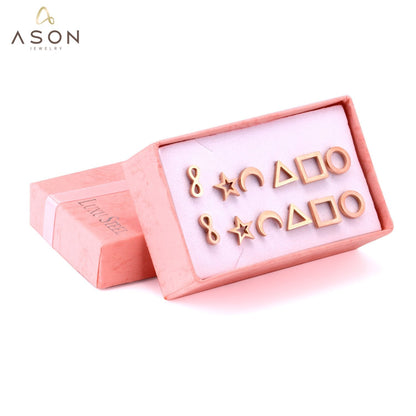ASON Rose Gold Earrings Round Square Triangle Star Moon 6Pairs/box Girl Earrings Stainless Steel Weekend Jewelry Friend asonjewelry