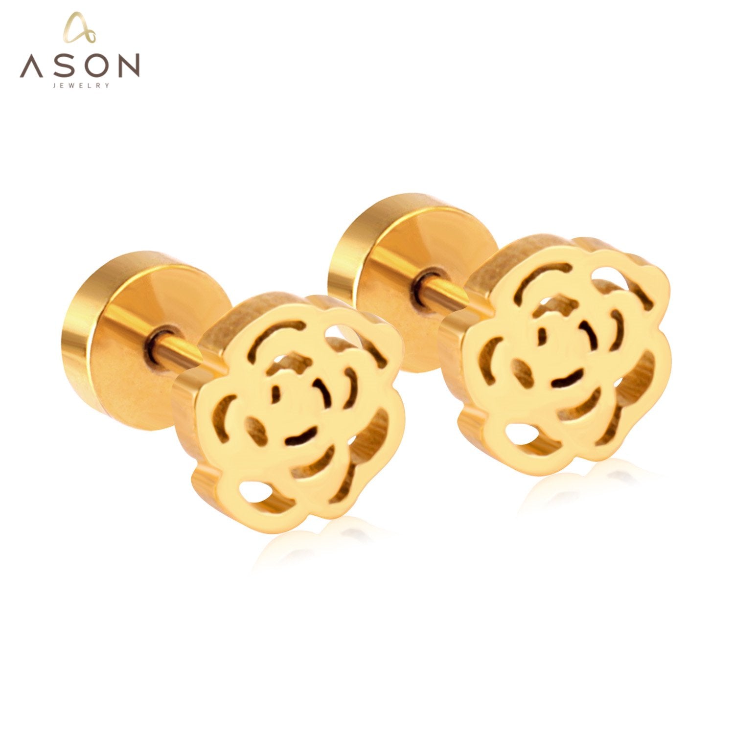 ASON Romantic Style Flower Piercing Stud Earrings Cubic Zirconia Gold Color Stainless Steel Hollow Out Women Jewelry Party asonjewelry