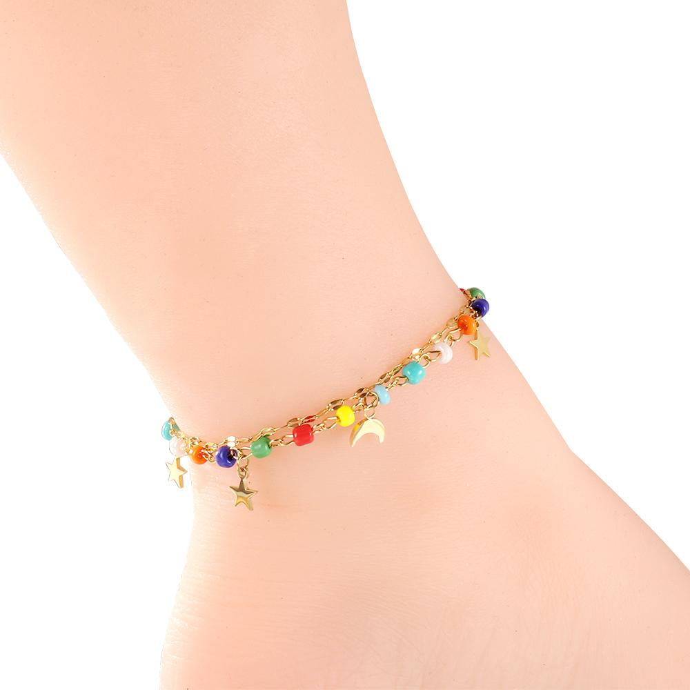 ASON Trendy Mixed Color Beads Moon And Star Accessories Multi-layer Chains Anklet Gold Color Stainless Steel For Women Gift asonjewelry