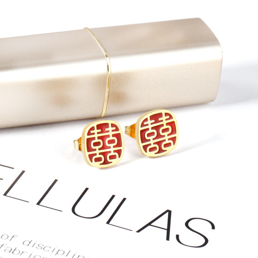 ASON Fashion Chinese Characters Stud Earrings Gold Color 316L Stainless Steel Lucky Word Earrings Women Wedding Jewelry asonjewelry