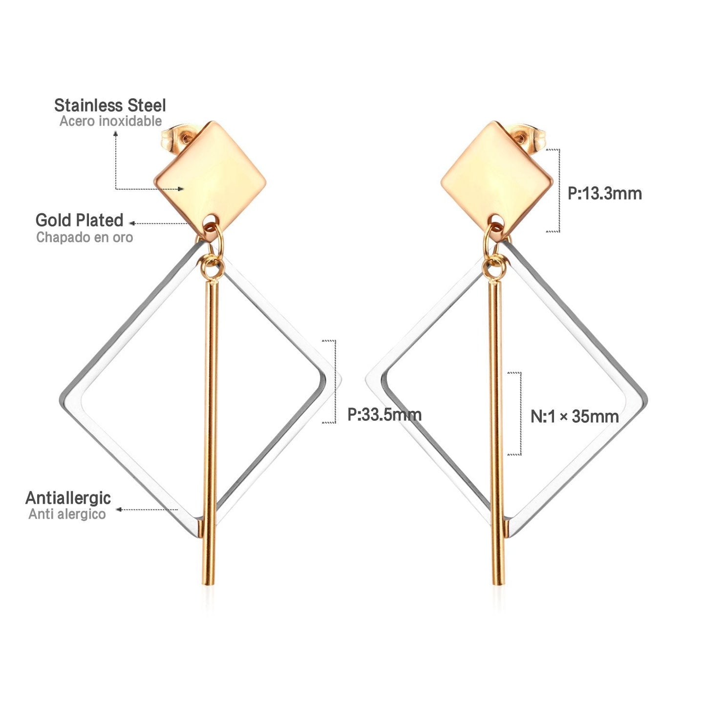 ASON New Classic Style Gold Color Square Dangle Earrings Stainless Steel Unique Long Tube Pendants Earrings for Girl asonjewelry