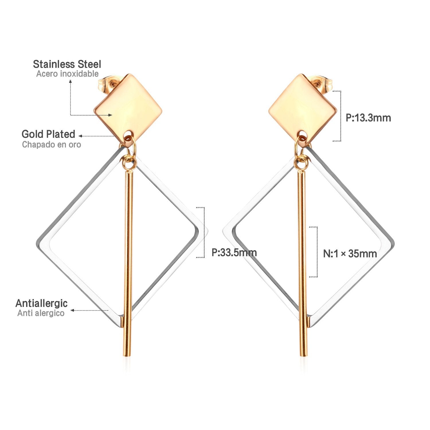ASON New Classic Style Gold Color Square Dangle Earrings Stainless Steel Unique Long Tube Pendants Earrings for Girl asonjewelry