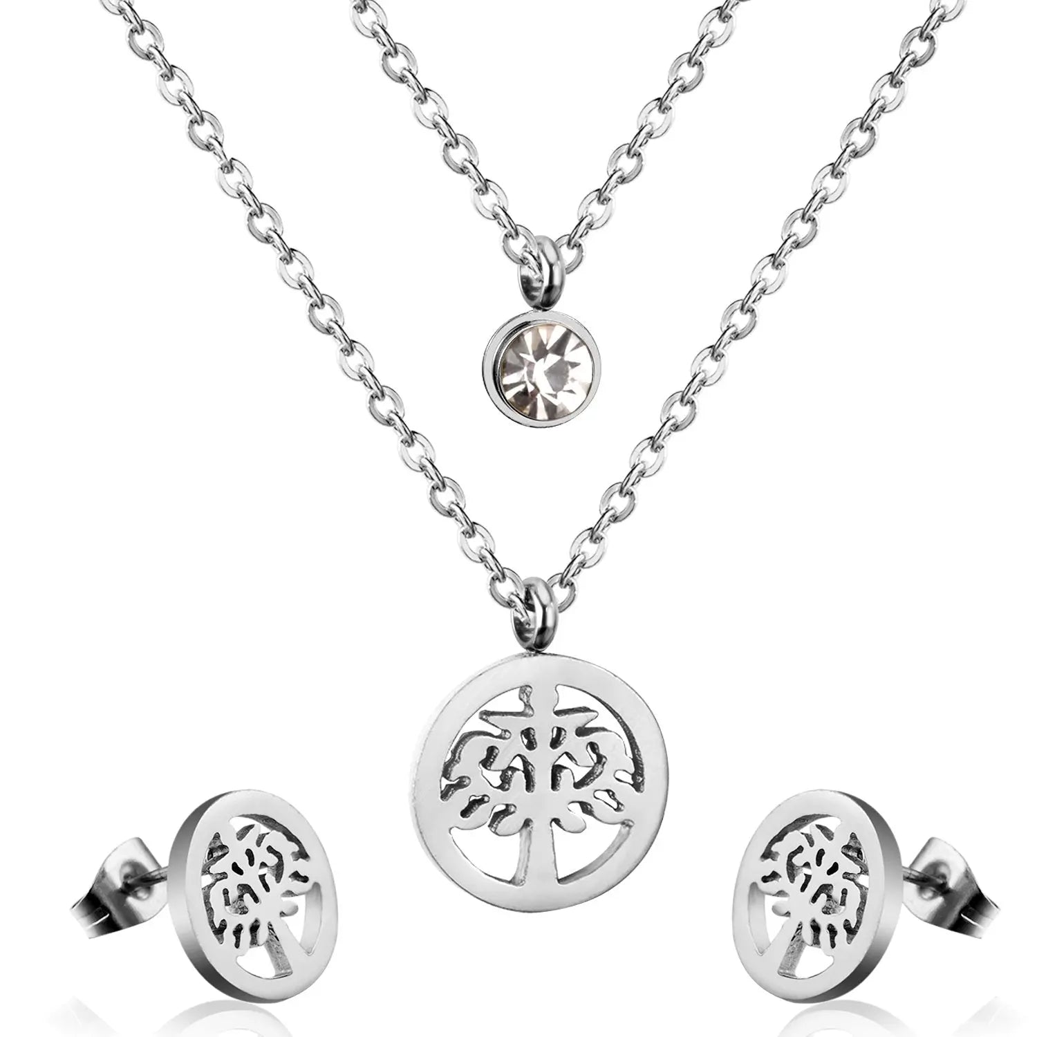 New Arrival Tree Round Crystal Pendant Double Dubai Wedding Necklace Earring Sets For Women Jewelry Wholesale asonjewelry