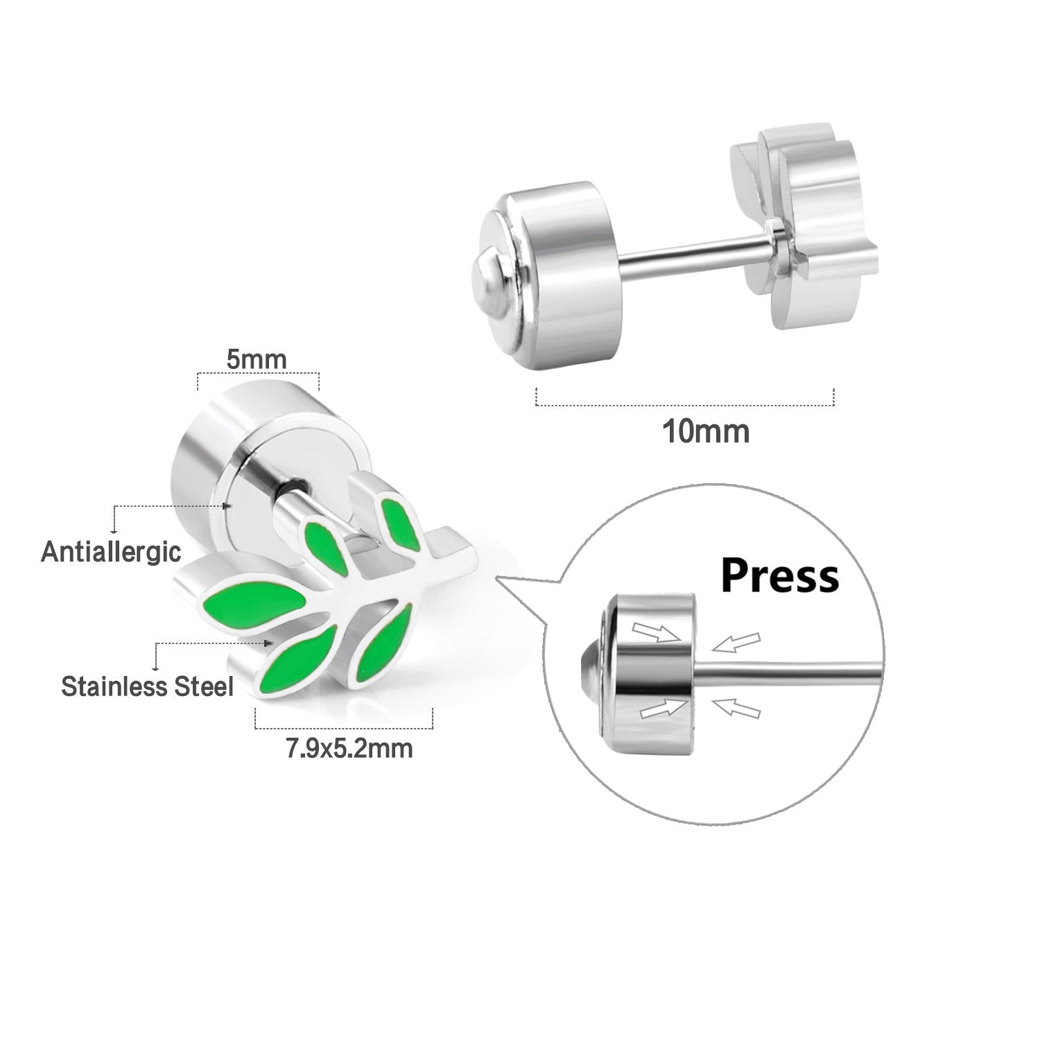 ASON Lovely Children's Stud Earrings 316L Stainless Steel Green Flower Leaf Cartoon Small Earrings for Girl Gifts Jewelry asonjewelry