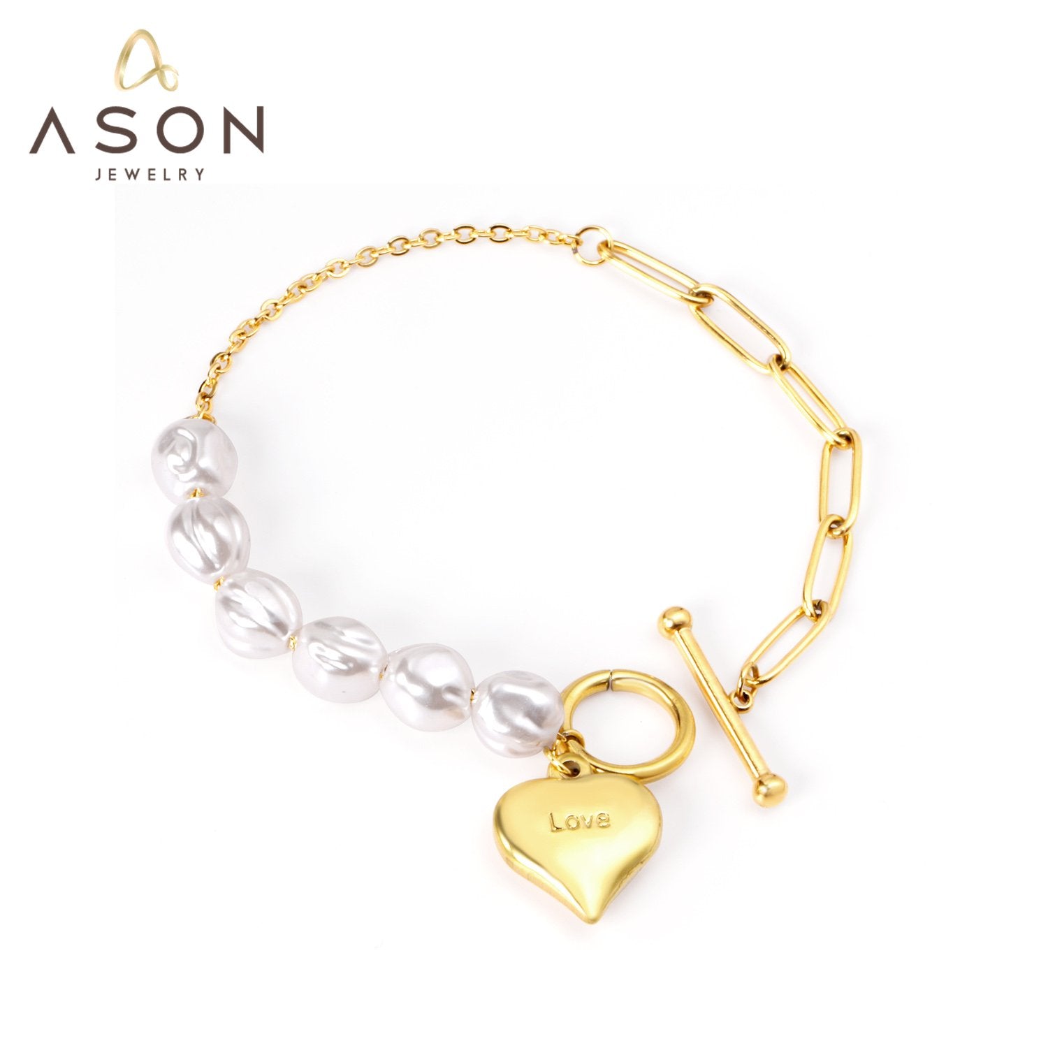 ASON Gold Color Heart Charm Imitation Pearl Stainless Steel Bracelet for Women Girl Fashion Jewelry Party Gift Accessories asonjewelry