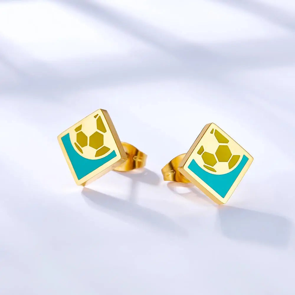 Enamel Stud Earrings Stainless Steel Sports Pattern Jewelry Football Badminton Tennis Kids Sugical Round Piercing asonjewelry