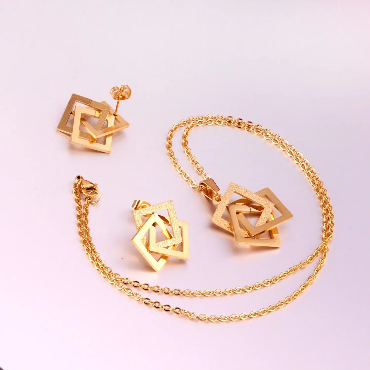 Square Shape Stainless Steel Gold/Silver Color Necklaces Earrings Sets For Women Party Jewelry Set pendientes mujer asonjewelry