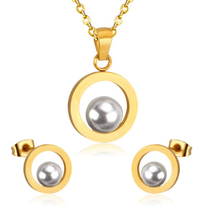 Fashion Bridal Wedding Dubai Jewelry Set Circle Fake-Pearl Necklace Earring Jewellery Sets For Women Girls