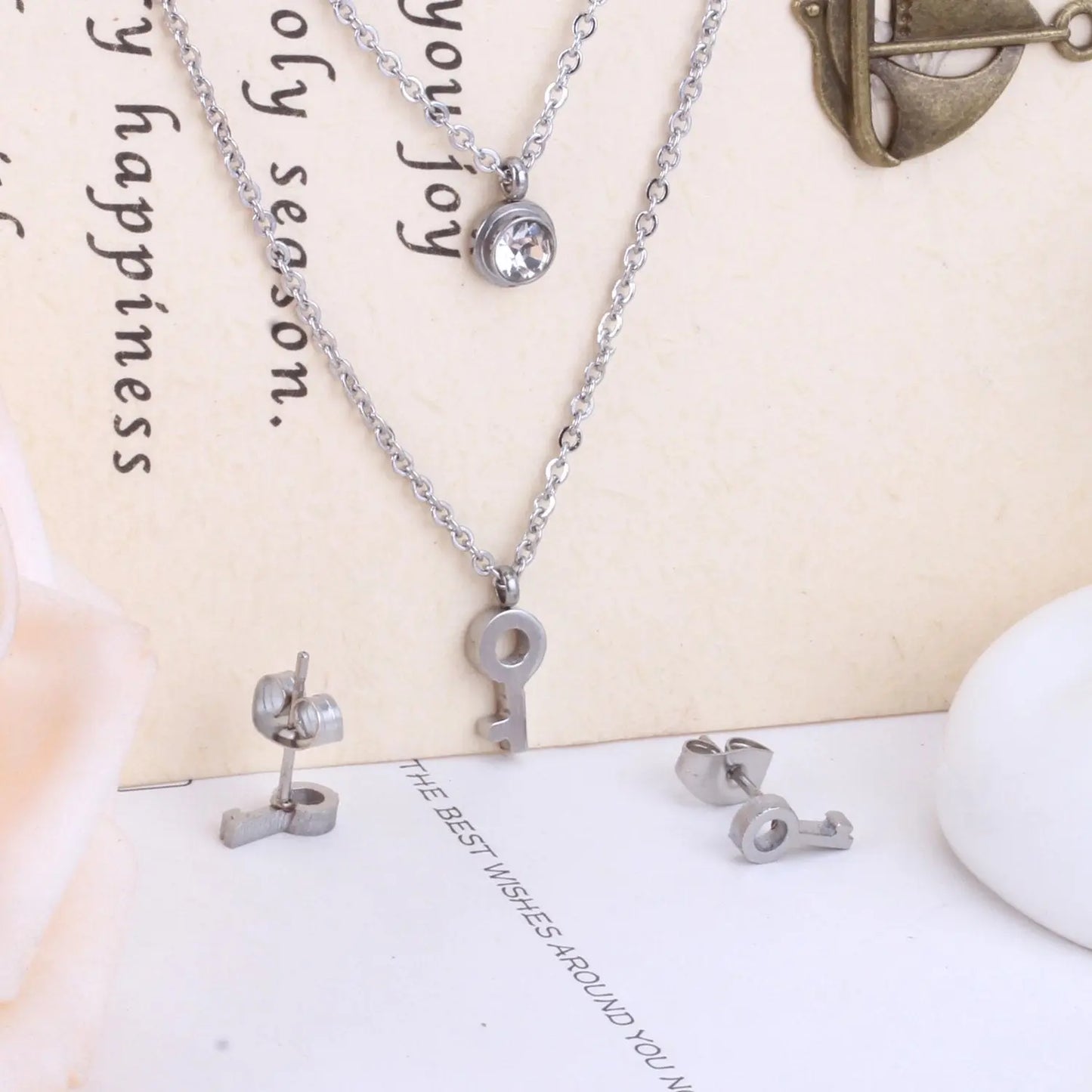 Key Pendant Stainless Steel Necklace Earring Crystal Wedding Bridal Gold Jewelry Set For Women Girls Jewellery Set asonjewelry