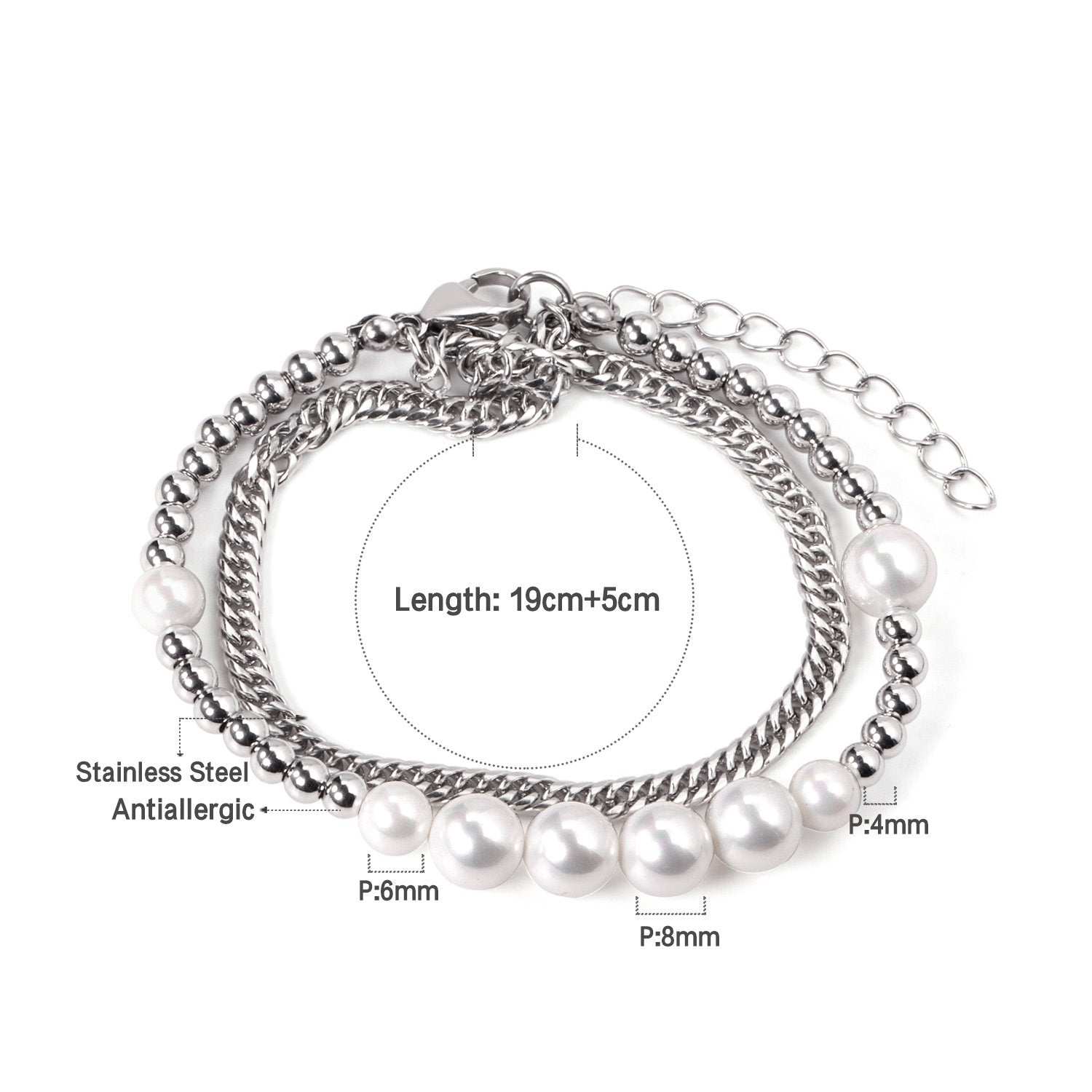 ASON Silver Color Trendy Imitation Pearl Bracelet with Steel Ball Charm Stainless Steel Bangle for Women Fashion Jewelry asonjewelry