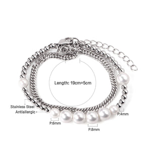 ASON Silver Color Trendy Imitation Pearl Bracelet with Steel Ball Charm Stainless Steel Bangle for Women Fashion Jewelry