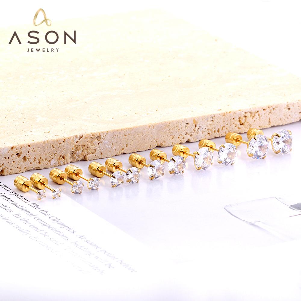 ASON Twist Back White Round Cubic Zirconia Piercing Stud Earring Gold Color Stainless Steel Fashion For Women Daily Jewelry asonjewelry