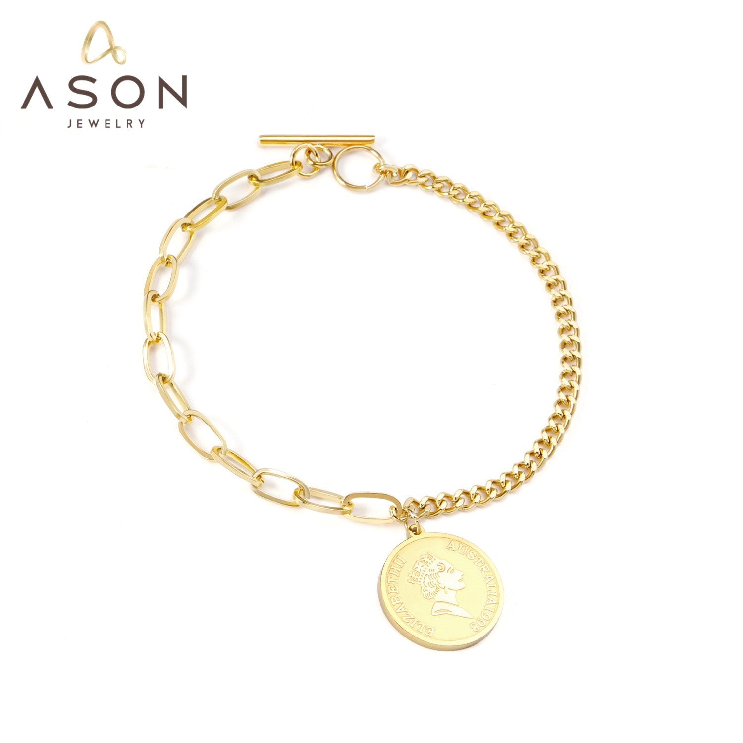 ASON Gold/Rose Gold Color Bracelet Stainless Steel Half Chain Bangle with Coin Charm for Women Fashion Jewelry Accessories asonjewelry