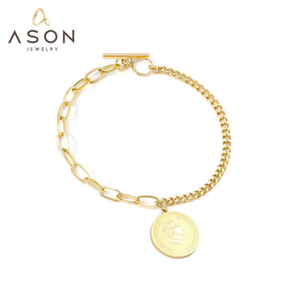 ASON Gold/Rose Gold Color Bracelet Stainless Steel Half Chain Bangle with Coin Charm for Women Fashion Jewelry Accessories asonjewelry