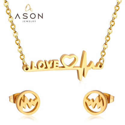 ASON 316L Stainless Steel Bridal Wedding Letters Love Jewelry Sets for Women Necklace Pendant Small Stud Earrings asonjewelry
