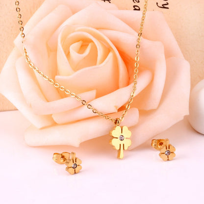 ASON Flower Cubic Zirconia Chain Pendant Necklace Piercing Stud Earrings Jewelry Sets Gold Color Stainless Steel For Women asonjewelry