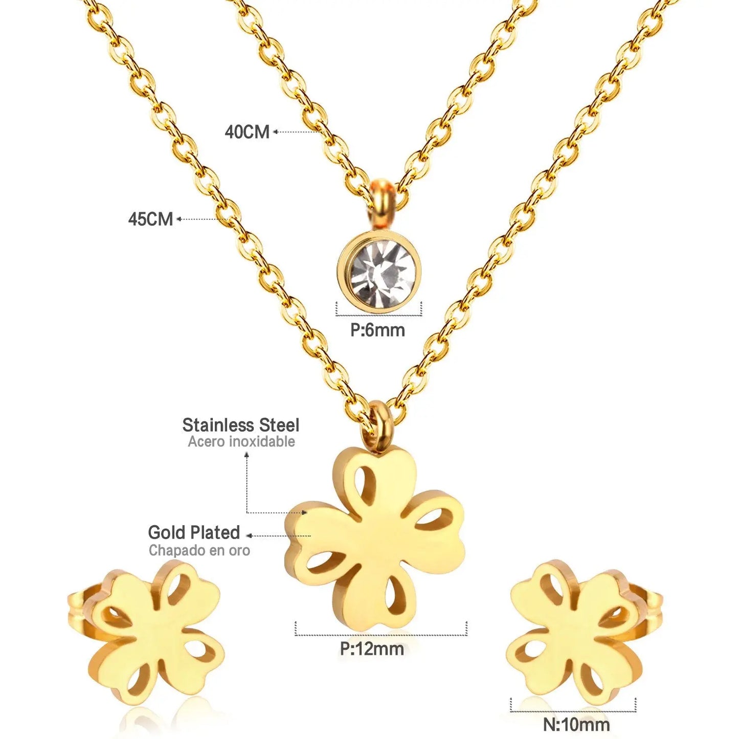 Flower Pendant Chain Crystal Gold Stainless Steel Double Necklace Stud Earrings Sets For Women  African Jewelry Set asonjewelry