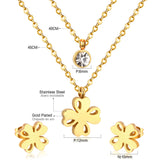 Flower Pendant Chain Crystal Gold Stainless Steel Double Necklace Stud Earrings Sets For Women  African Jewelry Set