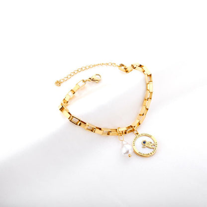 ASON Gold Color Stainless Steel 18+3cm Round Ring Spaceman And Pearl Jewelry Accessory Bracelets For Women Streetwear Daily asonjewelry