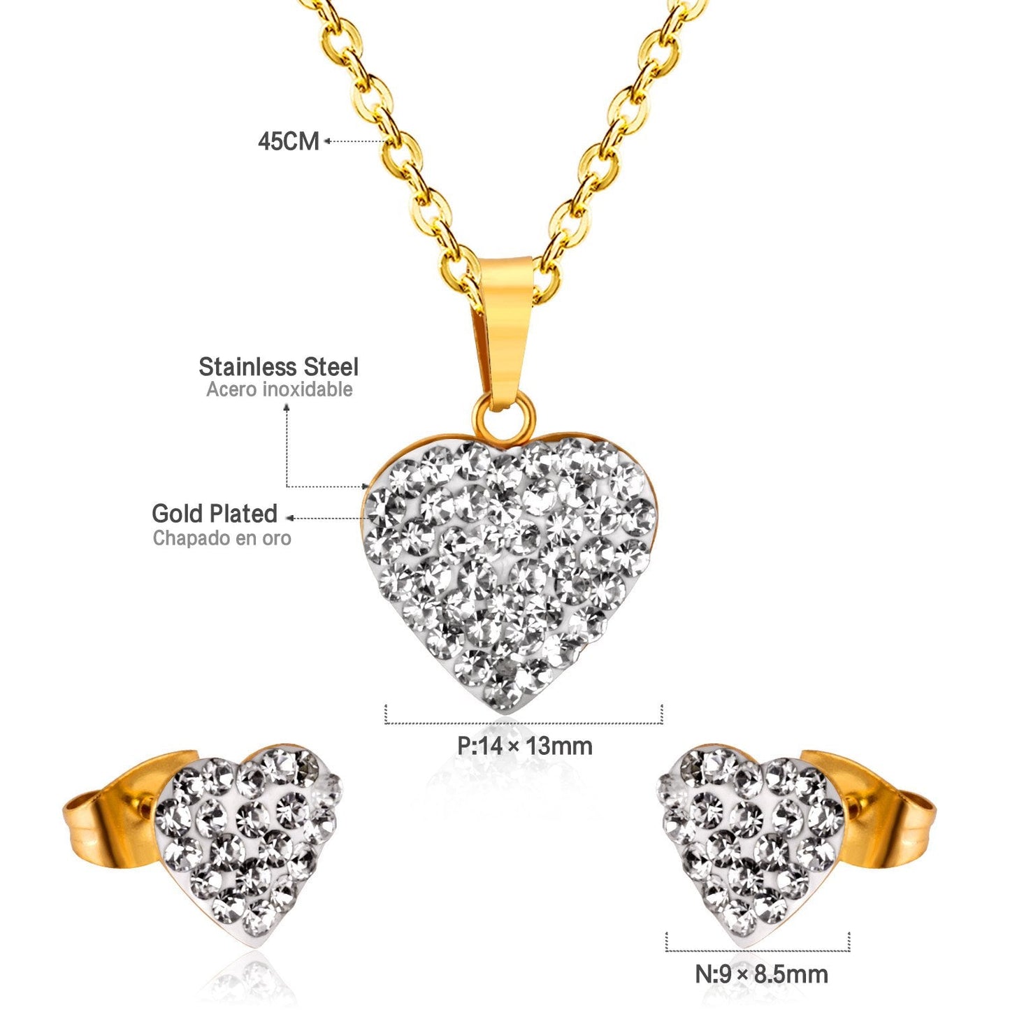 ASON Love's Heart Cubic Zirconia Pendant Necklace Earring Fashion Party Wedding Accessories Stainless Steel Necklaces asonjewelry