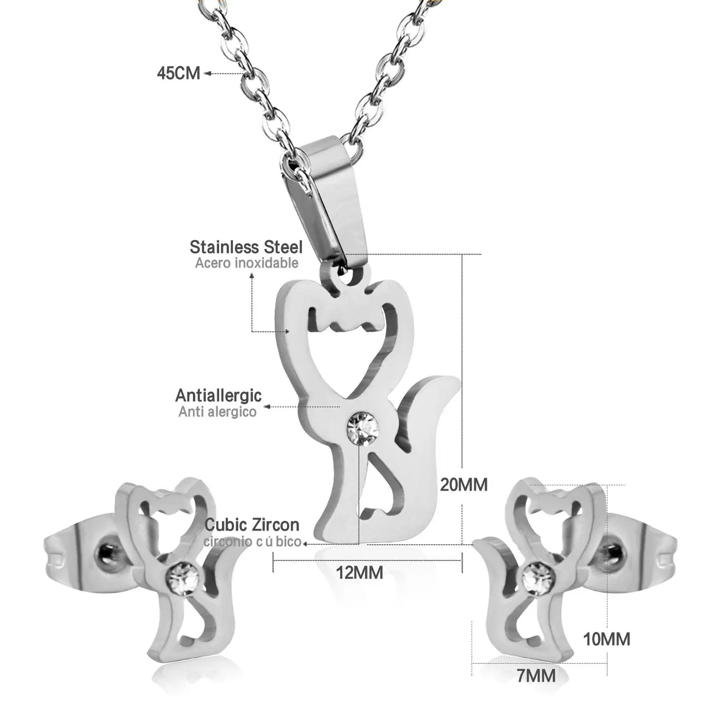 Stainless Steel Little Fox With Cubic Zirconia Necklace Earrings Set Woman Wedding Jewelry Sets Anniversary Present asonjewelry