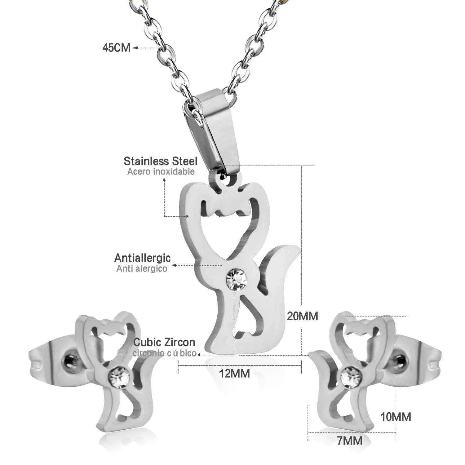 Stainless Steel Little Fox With Cubic Zirconia Necklace Earrings Set Woman Wedding Jewelry Sets Anniversary Present asonjewelry