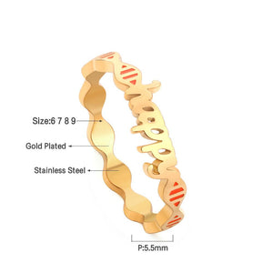 ASON Gold Color Trendy Stainless Steel HAPPY Letter Shape Ring For Women Party Gift Fashion Jewelry Accessory Daily Wear