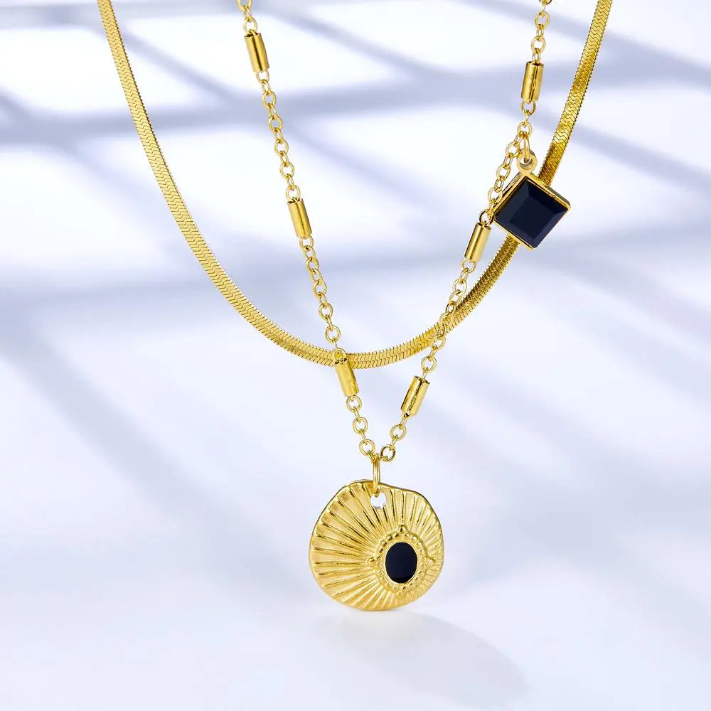 Chic Women Doulbe Layer Necklace Shell Black Drip Oil Charm Gold Color Stainless Steel Snake Chain For Girls asonjewelry