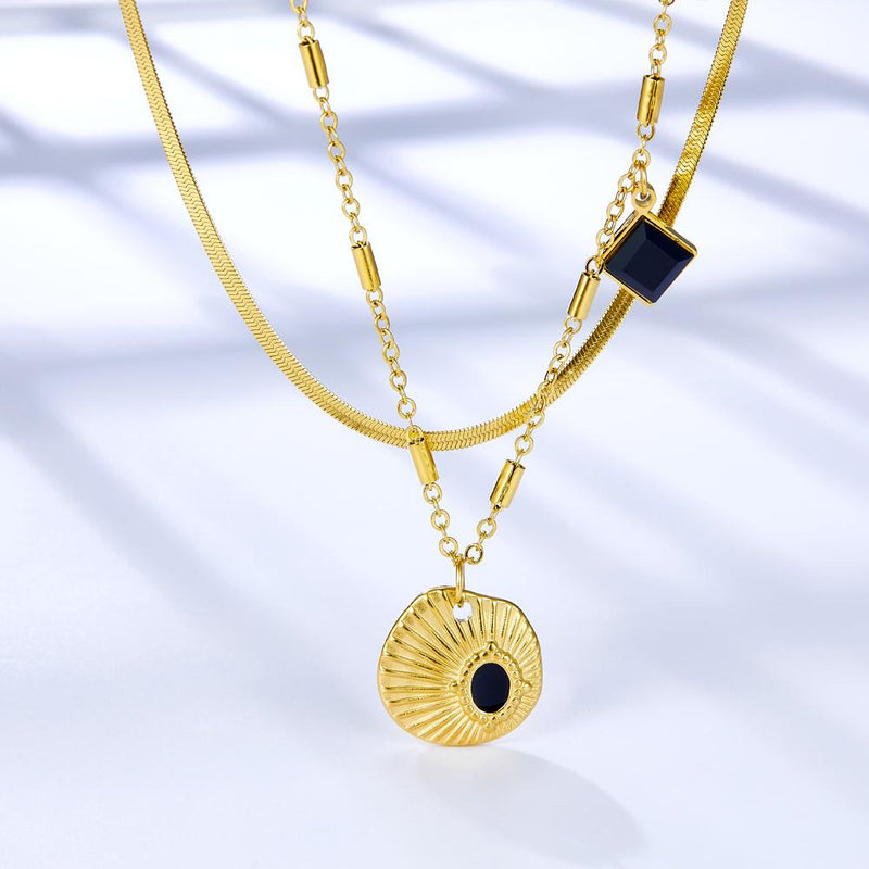 Chic Women Doulbe Layer Necklace Shell Black Drip Oil Charm Gold Color Stainless Steel Snake Chain For Girls