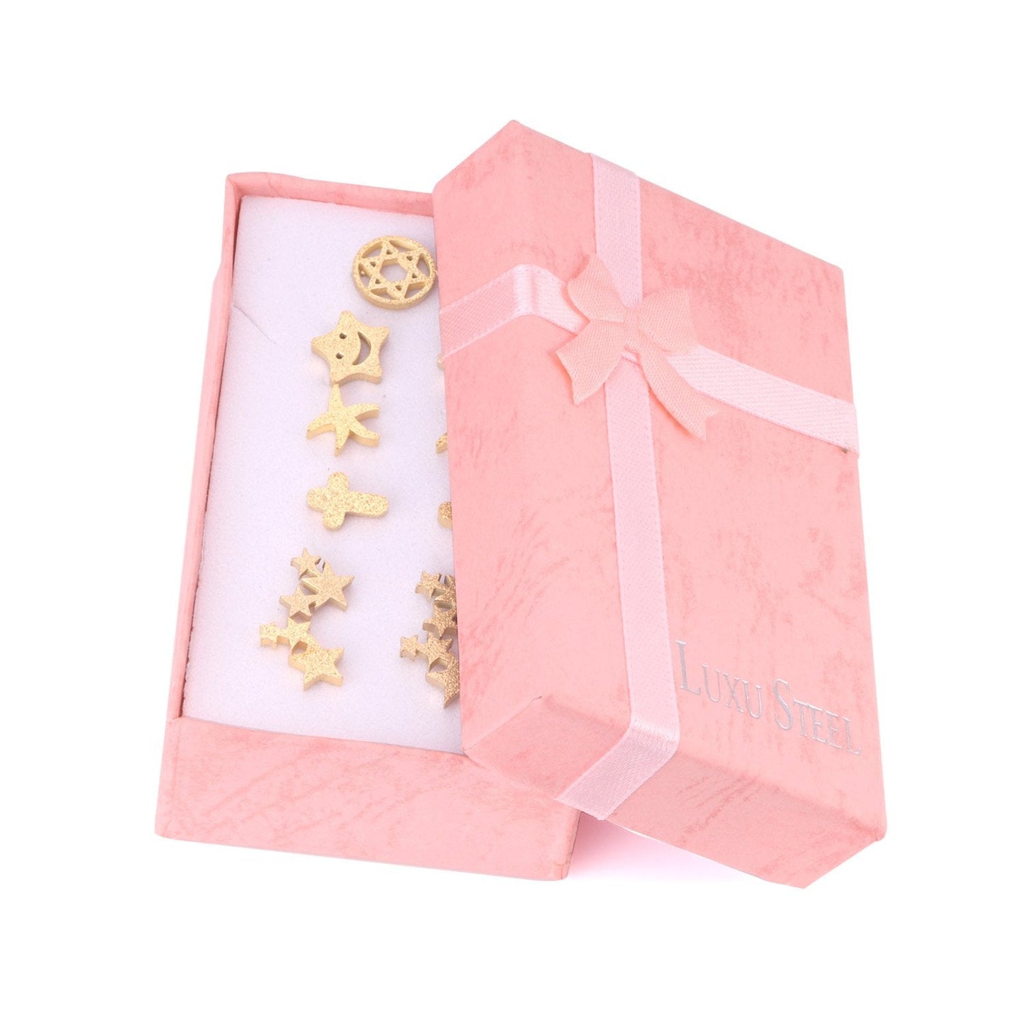 ASON 6pairs/Box Cute Baby Cross/Smile/Star/Round Piercing Stud Earrings Set Gold Color Accessories  Stainless Steel Jewelry asonjewelry