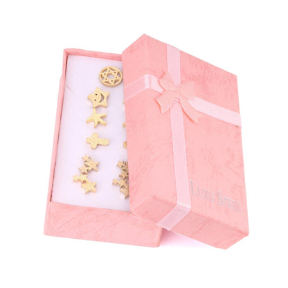 ASON 6pairs/Box Cute Baby Cross/Smile/Star/Round Piercing Stud Earrings Set Gold Color Accessories  Stainless Steel Jewelry asonjewelry