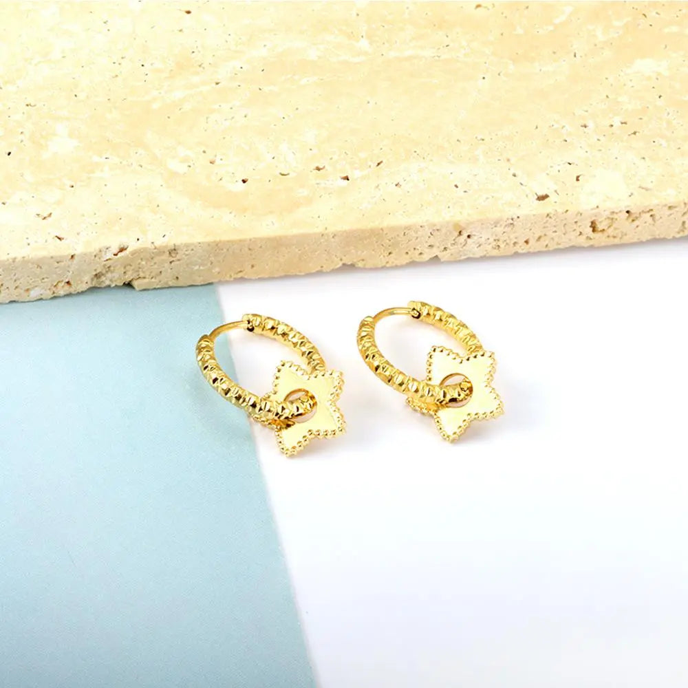 Stainless Steel Textured Metal Star Pendant Drop Huggie Earrings For Women Girls Vintage Waterproof Temperament Hoops asonjewelry