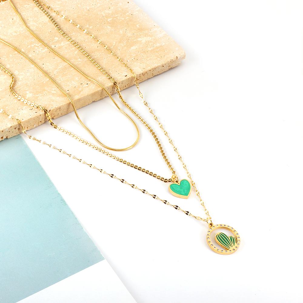 ASON Trendy Heart Cactus Accessories Multi-layer Chain Pendant Necklace Gold Color Stainless Steel For Women Jewelry Choker asonjewelry