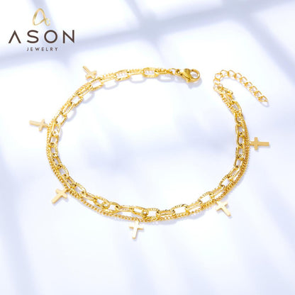 ASON Cross Accessories Multi-layer Link Chains Fashion Anklet Gold Color Stainless Steel For Women Daily Party Gift Jewelry asonjewelry