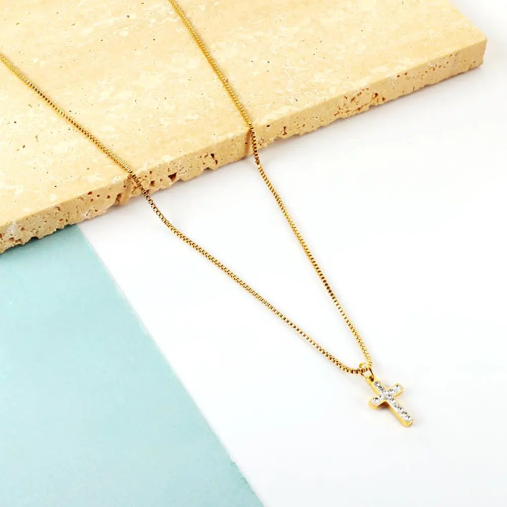 Stainless Steel CZ Cross Pendant Necklace For Women Men Crystal Rhinestone Jesus Box Chain Gothic Jewelry Gifts asonjewelry