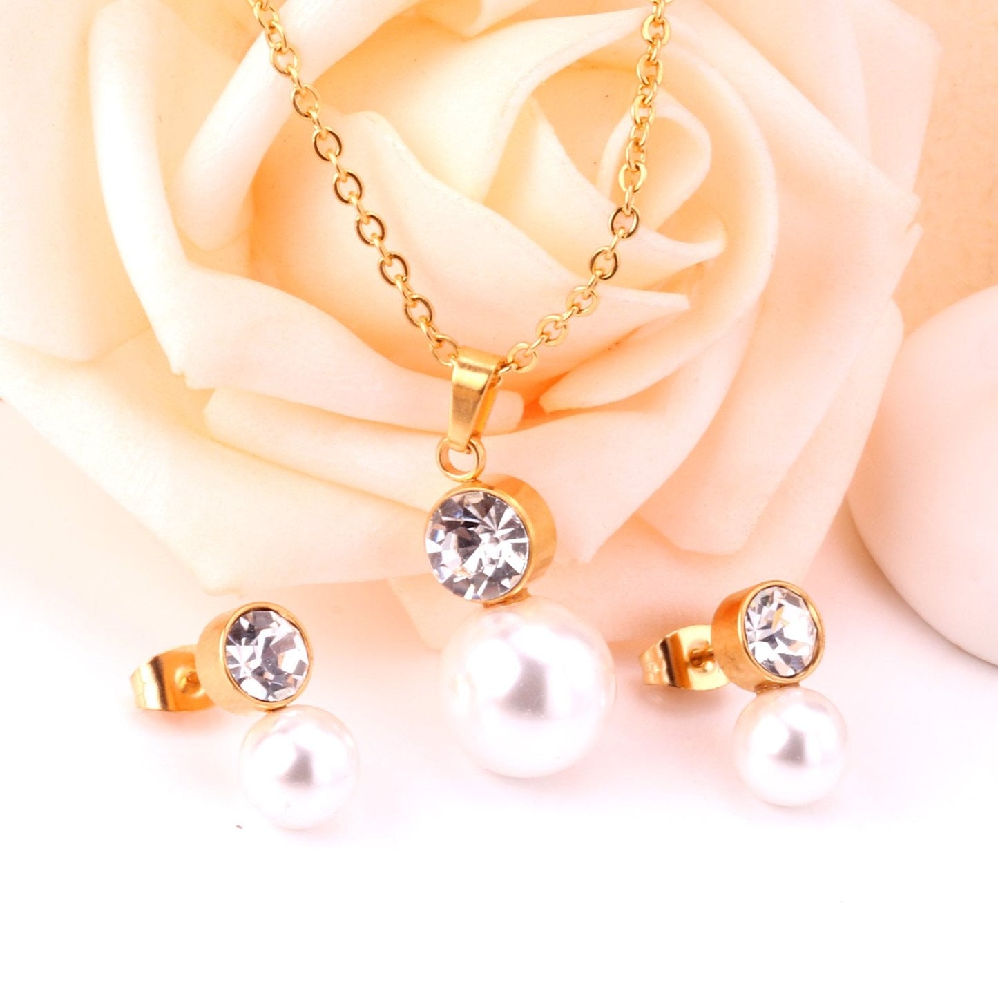 ASON  Classic Jewelry Dubai Jewelry Sets Round Imitation Pearl Pendant Necklace Earring Sets With Round Zirconia Pendants asonjewelry